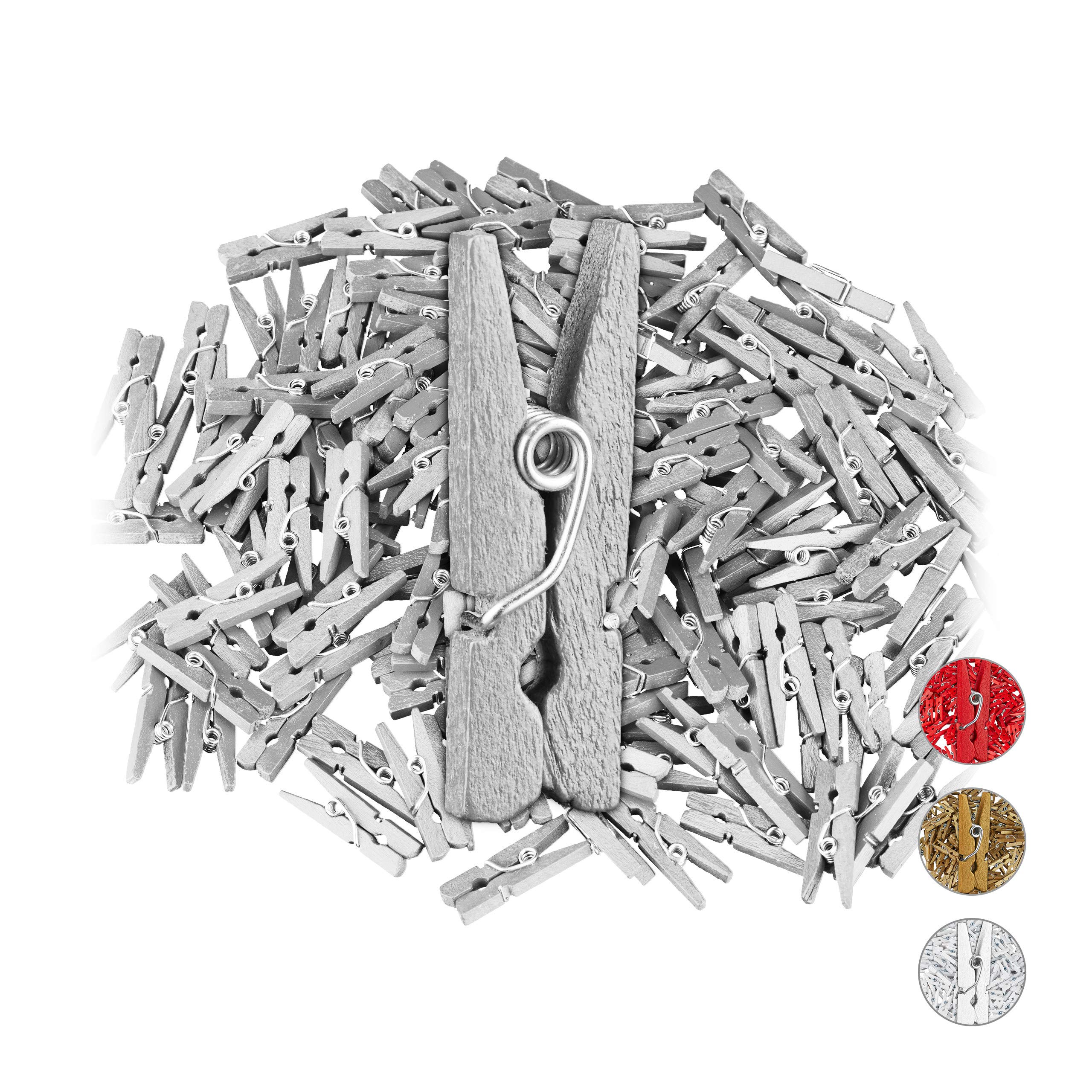 Relaxdays Mini Wooden Pegs, Pack of 144, DIY & Crafts Clips, Wedding Decoration, Gift Wrapping, Photo Hangers, Silver