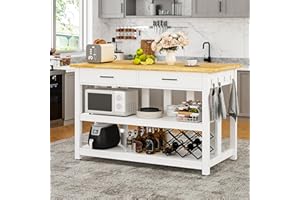 DynJest 47.3" Solid Rubberwood Kitchen Island with Power Outlets - Extra Large Work Surface, 2 Drawers & Open Shelves Storage Cabinet for Kitchen Dining Room, Farmhouse Style (White)