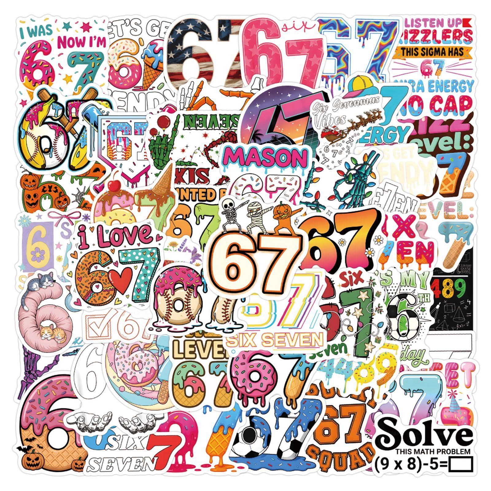 50Pcs Six Seven Stickers, Funny 6 7 Stickers Waterproof Vinyl Gifts for Phone, Water Bottle, Luggage, Laptop, Adults Teens Skateboard, Bike, Phone, Computer, Travel Case