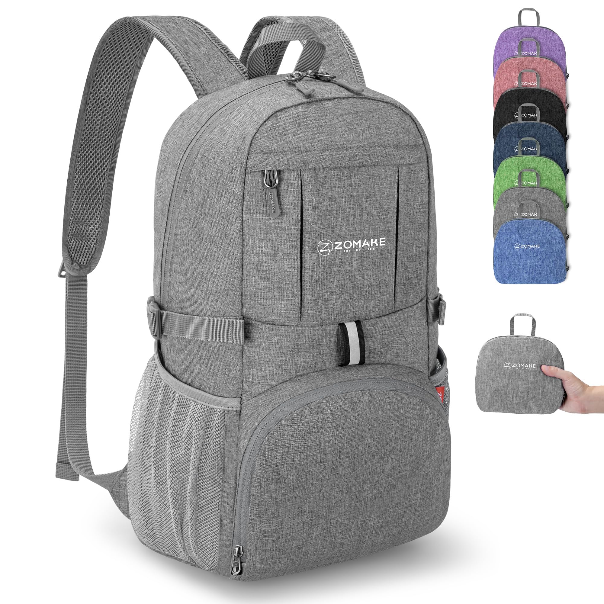 ZOMAKE Lightweight Foldable Backpack, Packable Rucksack Folding Small Back Pack 25L Foldaway Ultralight Daypack Collapsible for Women Men Travel Hiking Walking (Grey)
