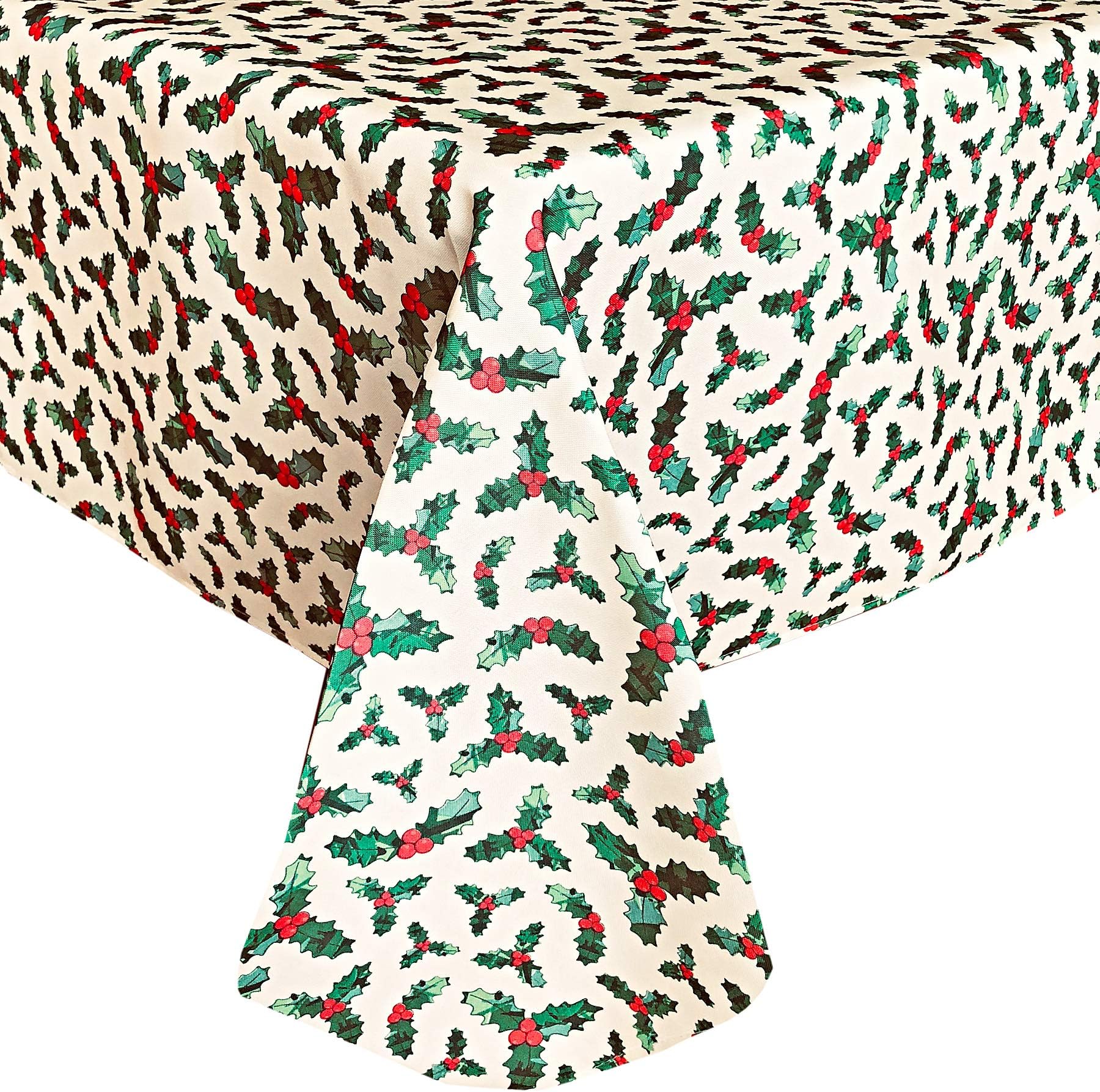 Christmas Holly Print Holiday Fabric Tablecloth by Lintex, Xmas Holly and Berry Print Polyester Tablecloth, 52 Inch x 70 Inch Oblong/Rectangle