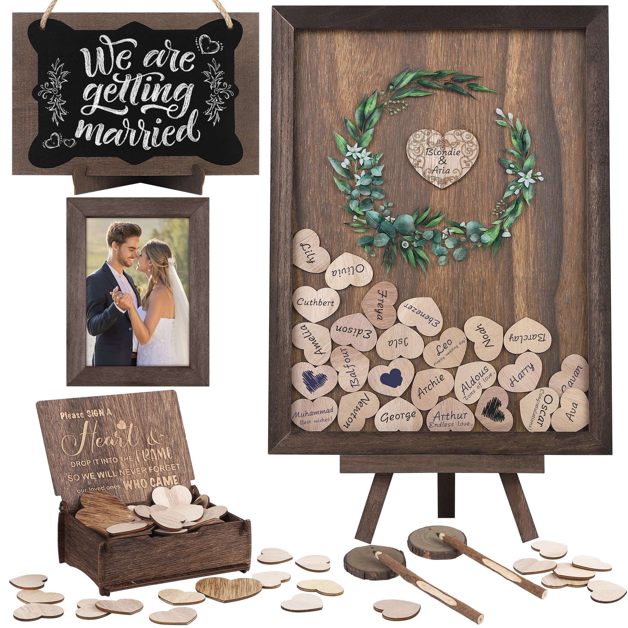 Photo 1 of Aodaer Wedding Guest Book Alternative Drop Top Frame Heart Drop Wood Guest Book with Stand 122 Wooden Hearts Pens Box Mini Blackboard Rustic Wedding Decorations for Reception Baby Shower, Brown
