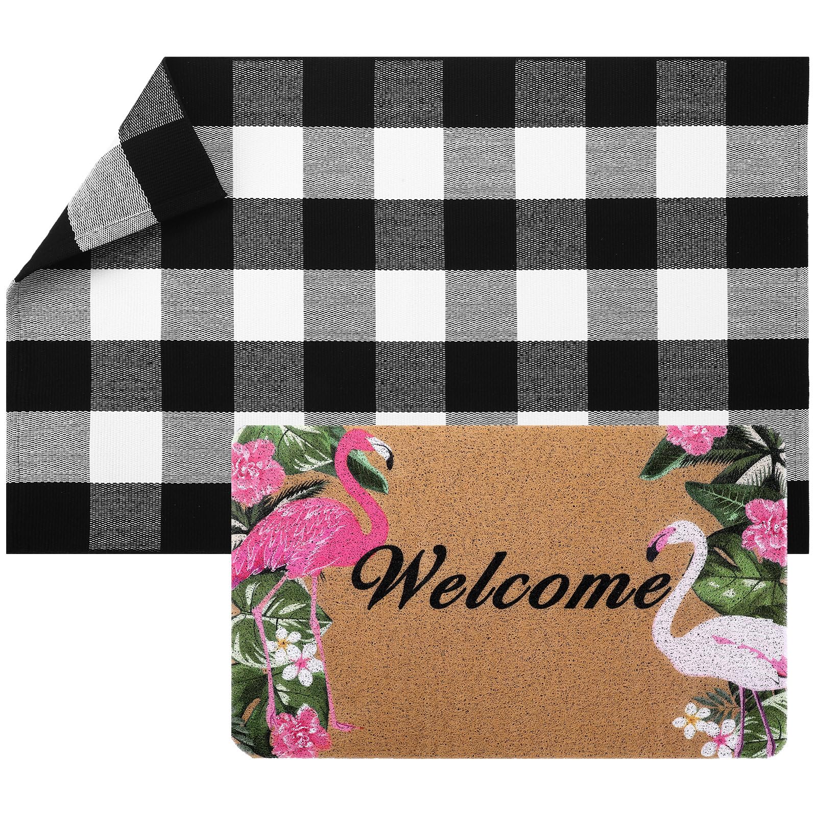 FuWeave 2 Pcs Flamingo Doormat Rug Outdoor Welcome Mat Set Coir Door Mat and 27.5"x 43" Black and White Checkered Cotton Buffalo Plaid Layering Rug for Party Front Porch Summer Decoration Bathroom - Image 8