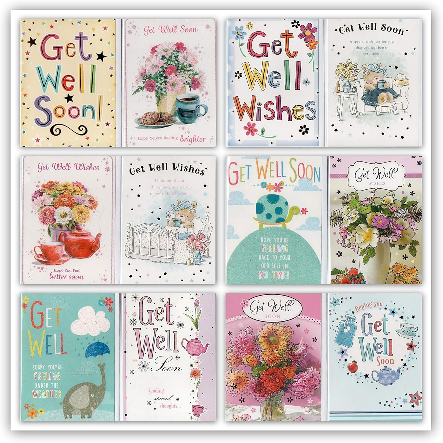 Pack of 12 Assorted Get Well Soon Greeting Cards. Individually Packed