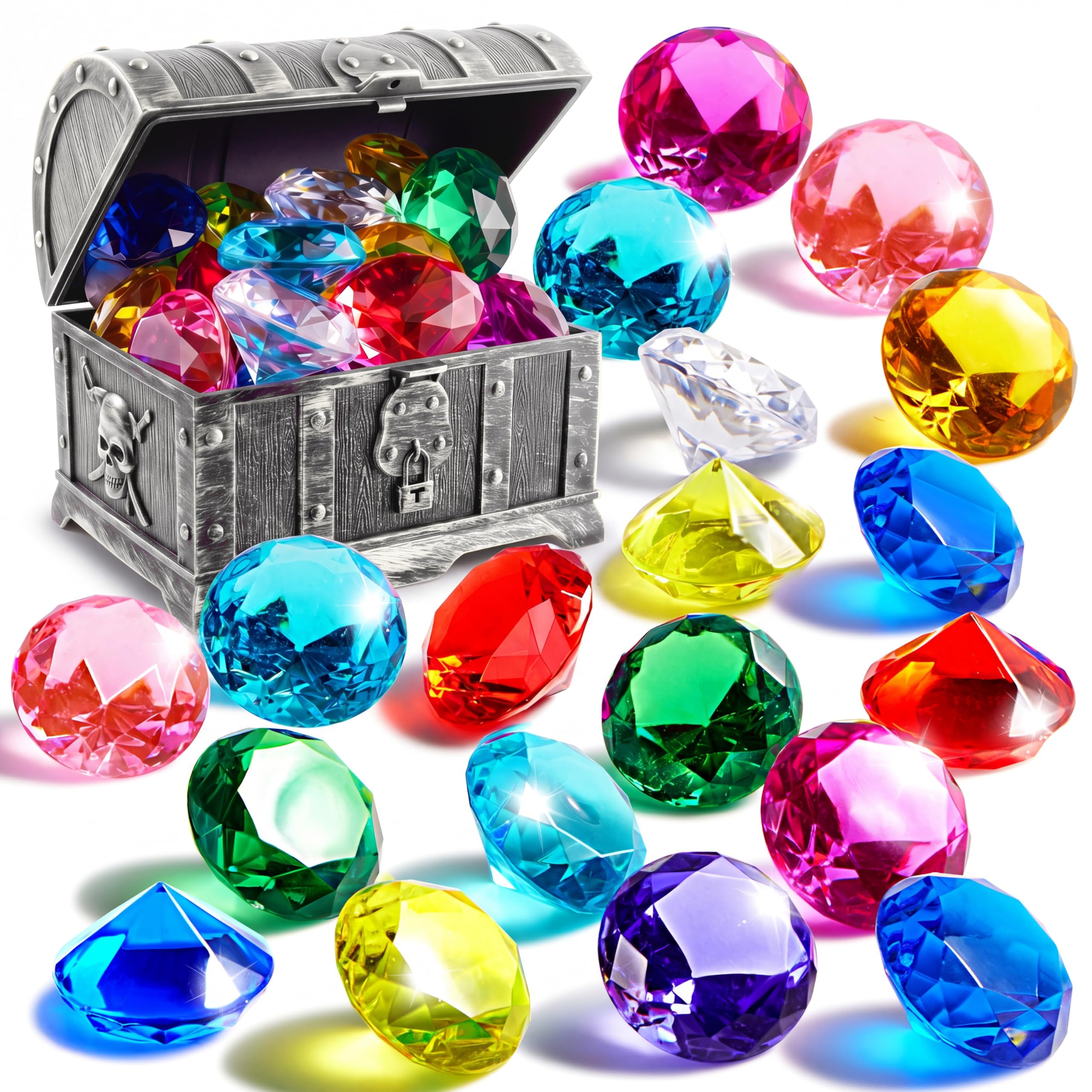 Sloosh Diving Gems Pool Toys,16 Big Colorful Diamond with Pirate Treasure Chest,Swim Dive Toy for Kids Underwater Gemstone Swimming Training Gift Water Toys Pool Games(Silver)
