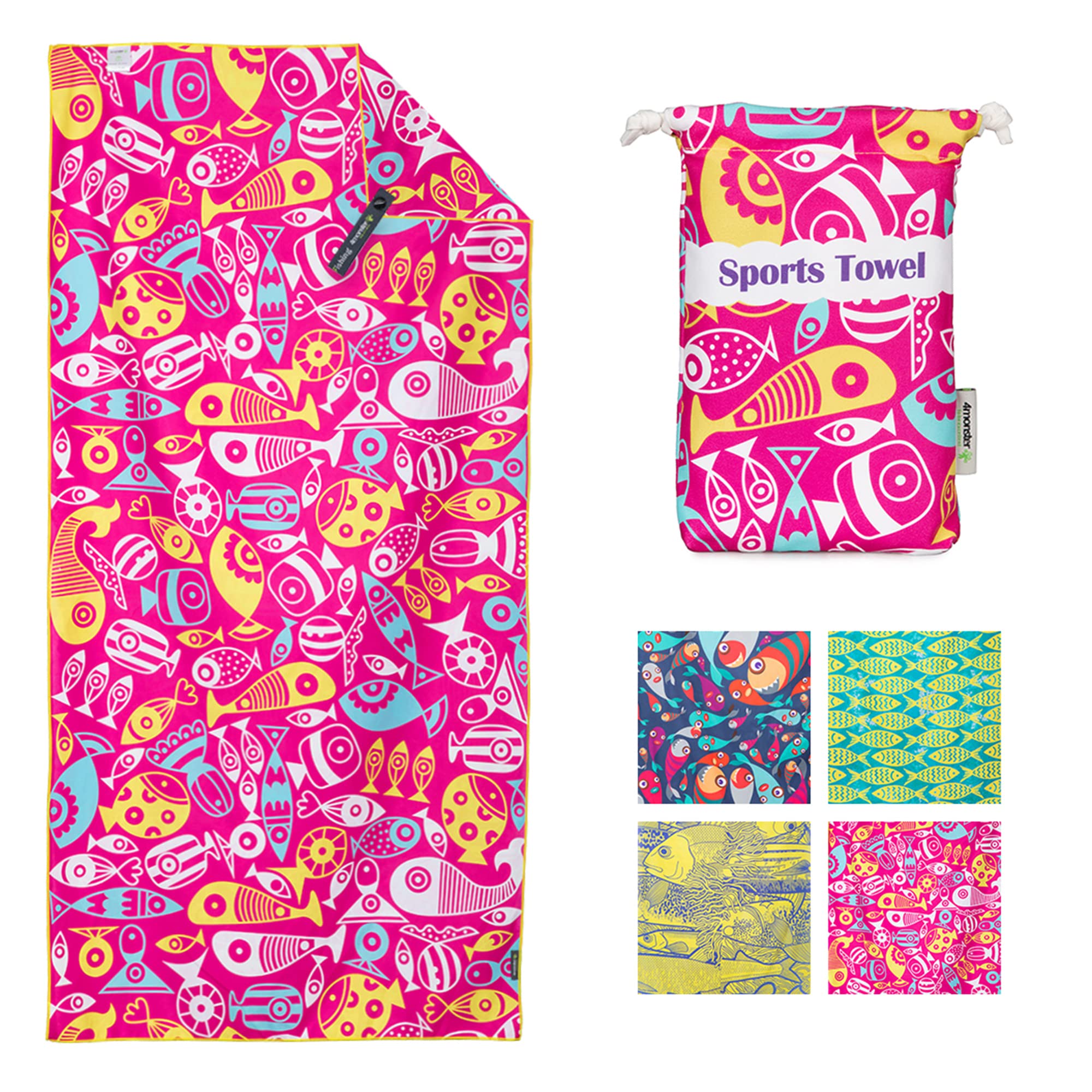 4Monster Microfiber Beach Towel with carry bag Sand Proof Travel Towel Quick Dry Lightweight Towel for Hiking Yoga Gym Sports Swimming Camping Fitness Bath
