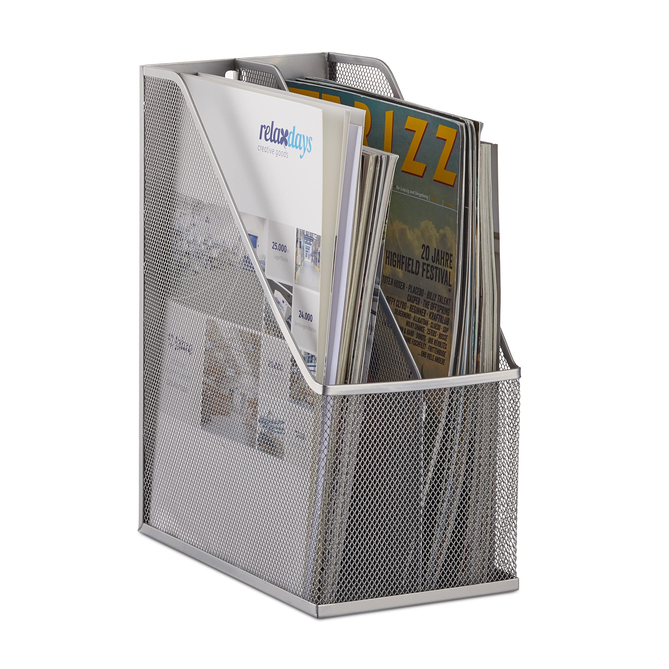 Relaxdays Standing File Holder, 2 Compartments, Metal Mesh, Sturdy Rack, A4-C4, Document Organiser, Silver