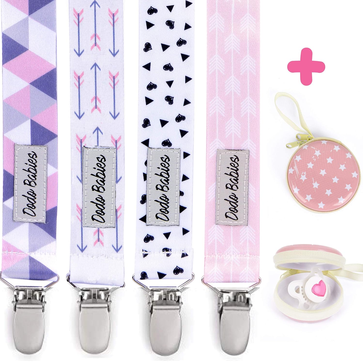 Pacifier Clip by Dodo Babies Pack of 4 + Pacifier Case, Premium Quality for Girls Modern Designs Universal Holder Leash for Pacifiers, Teething Toy or Soothie, Baby Shower Gift Set : Baby