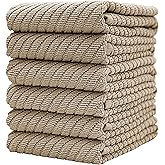 Premium Kitchen Towels (16”x 25”, 6 Pack) | Large Cotton Kitchen Hand Towels | Dish Towels | Diagonal Weave Design | 445 GSM Highly Absorbent Tea Towels Set with Hanging Loop | Tan