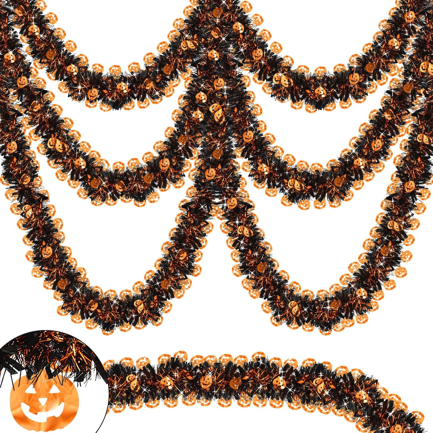 Wreaths, Garlands & Swags - SURCVIO 2 Pack 66 FT Halloween Tinsel Garland Decor Black Orange Pumpkin Metallic Halloweens Decoration Tinsel Twist Garland for Halloween Party Home Indoor Outdoor Wall Porch Railing Ornaments