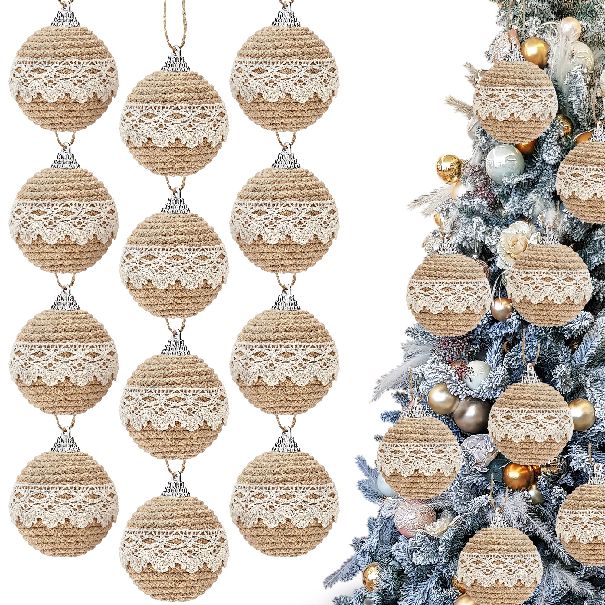 Photo 1 of 12 Pcs Boho Christmas Balls Ornament, 2.36 Inch Lace Burlap Farmhouse Jute Rope Hanging Balls, Burlap Neutral Rustic Decorations Balls for Home Xmas Tree Wreath Garland Wedding Home