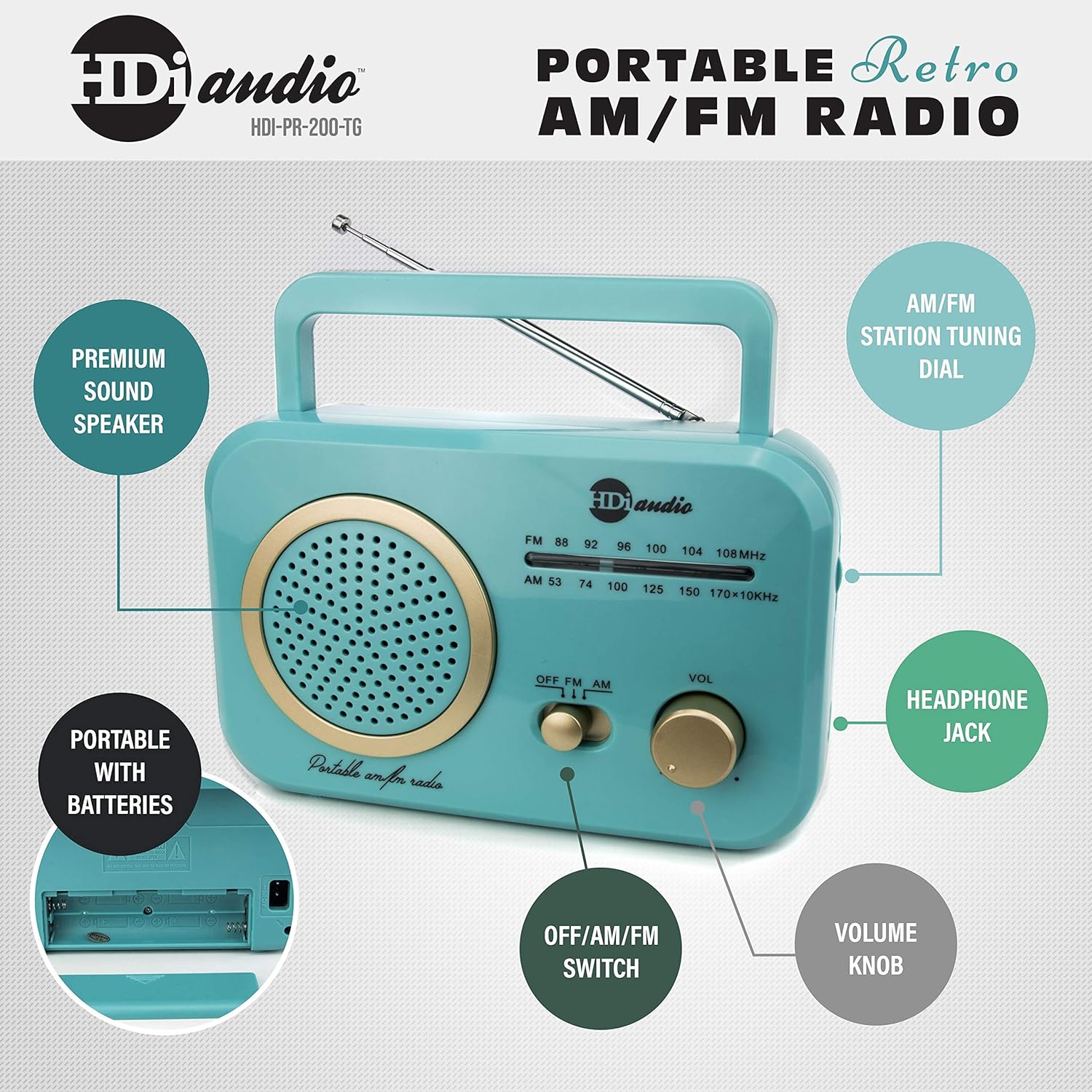 HDi Audio Radio Turquoise/Gold Premium Home Vintage Portable Retro Radio Classic AM/FM Radio with Built in Speakers + Headphone Jack: Home Audio & Theater