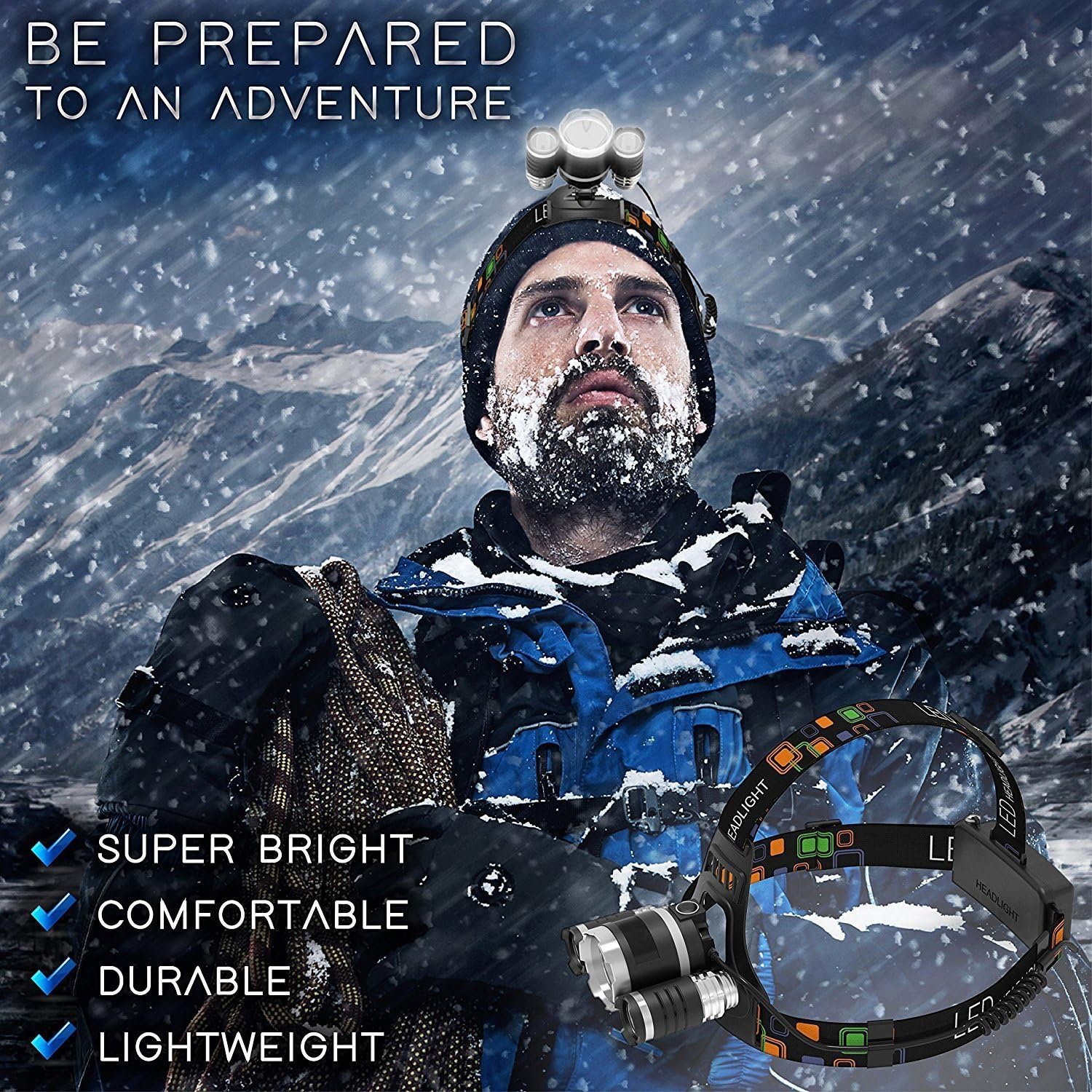 Newest Version OF Brightest LED Headlamp 20000 Lumen IMPROVED Cree Led, 4 Modes Headlight Battery Powered Helmet Light for Camping Running Hiking and Reading, （Charging equipment and Batteries） Included - - 