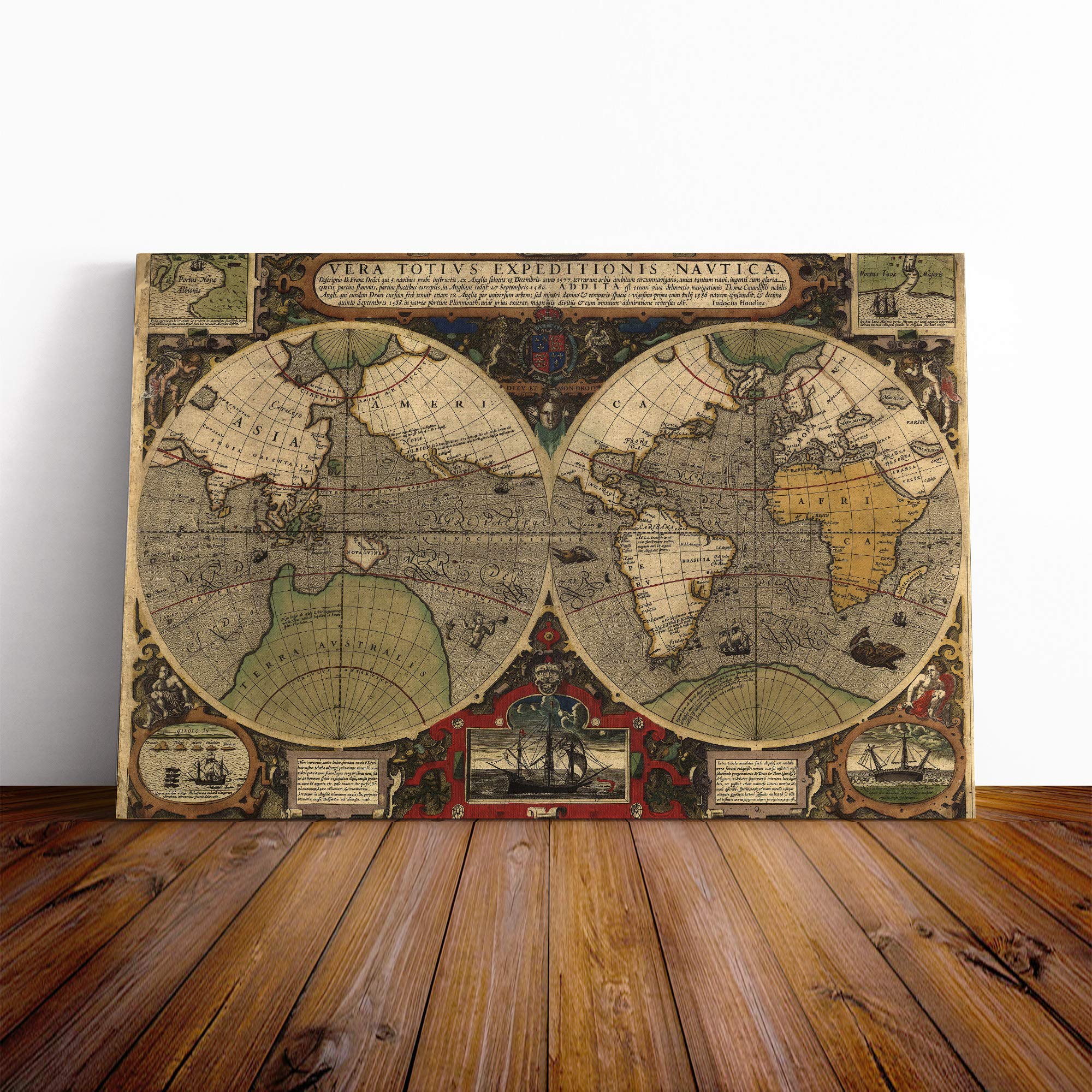 Henricus Hondius II-Vintage World Map Vol.4 Canvas Print | Gallery Wrapped 30mm Frame Wall Art | 20x14 inches | Ready to Hang | Classic Maps Picture | Living Room Bedroom Lounge Office