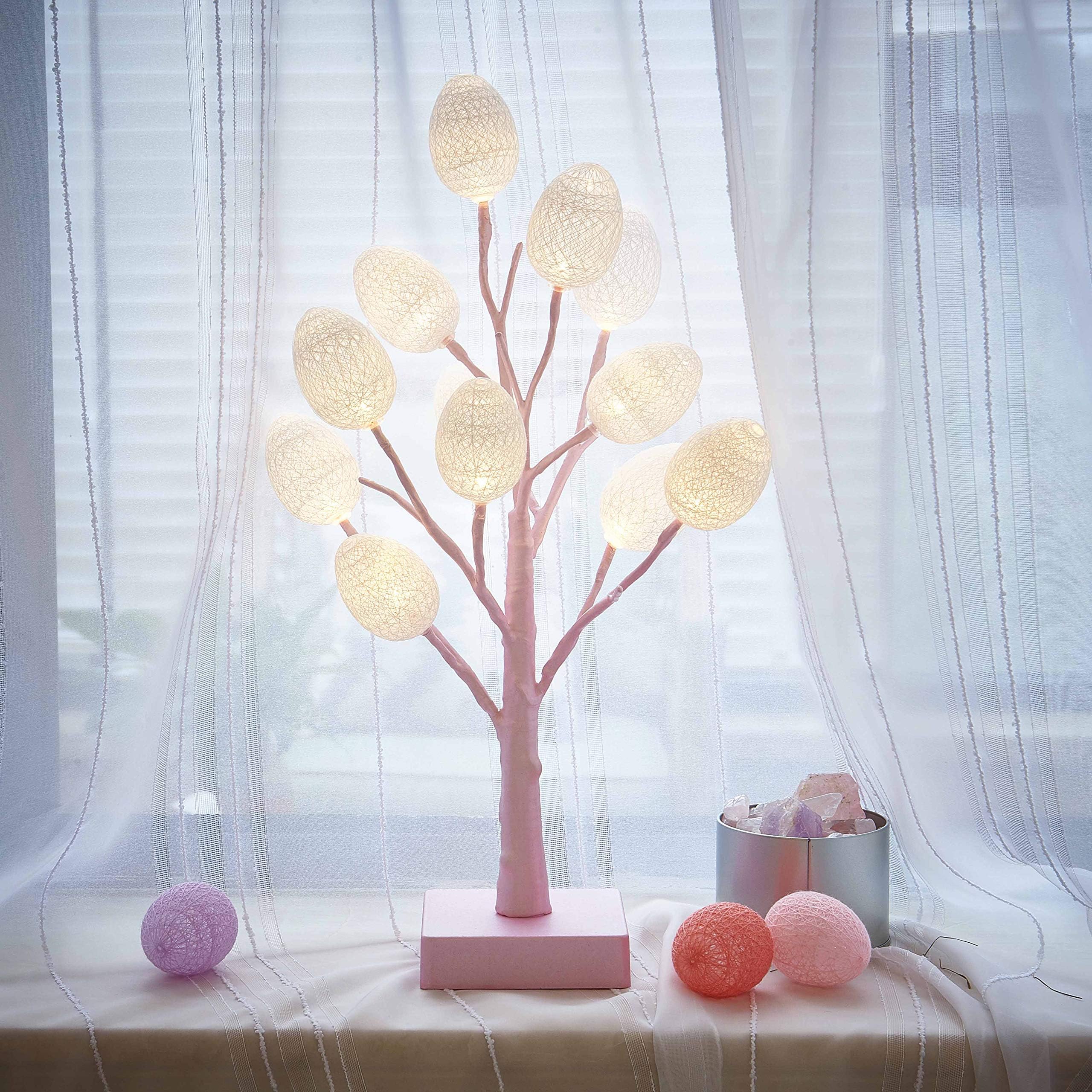 Hairui Lighted Macaroon Pink Tree with White Eggs 12LED 18IN Battery Operated with Timer for Christmas Easter Home Decoration Indoor