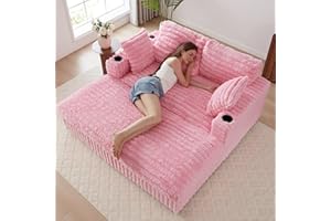 RARZOE 64'' Oversized Chaise Lounge Chair Indoor, Plush Faux Rabbit Fur Sleeper Sofa Bed with 4 Pillows, Charging Station & Cup Holders, Fluffy Comfy Cloud Couch Loveseat Sofa for Living Room,Pink