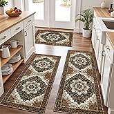 Tritard 100% Non Slip Kitchen Rugs Sets of 3 Washable Boho Kitchen Mats for Floor Vintage Farmhouse Kitchen Rug Soft Runner Rug for Hallway, Laundry Room, Indoor Entryway, Brown