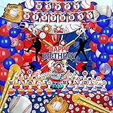 Baseball Party Decorations, 116PCS Baseball Birthday Party Supplies Kit Include Sport Theme Backdrop Tablecloth Happy Birthday Banner Cake Cup Topper Latex Balloons Foil Balloons (Blue and Red)
