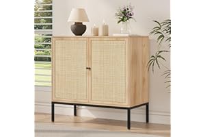 Yechen Sideboard Cabinet with Natural Rattan Decorated Doors, 31.5" Rattan Cabinet, Accent Buffet Console Storage Cane Credenza Cupboard, for Living Room Dining Room Entryway Kitchen, Metal Legs
