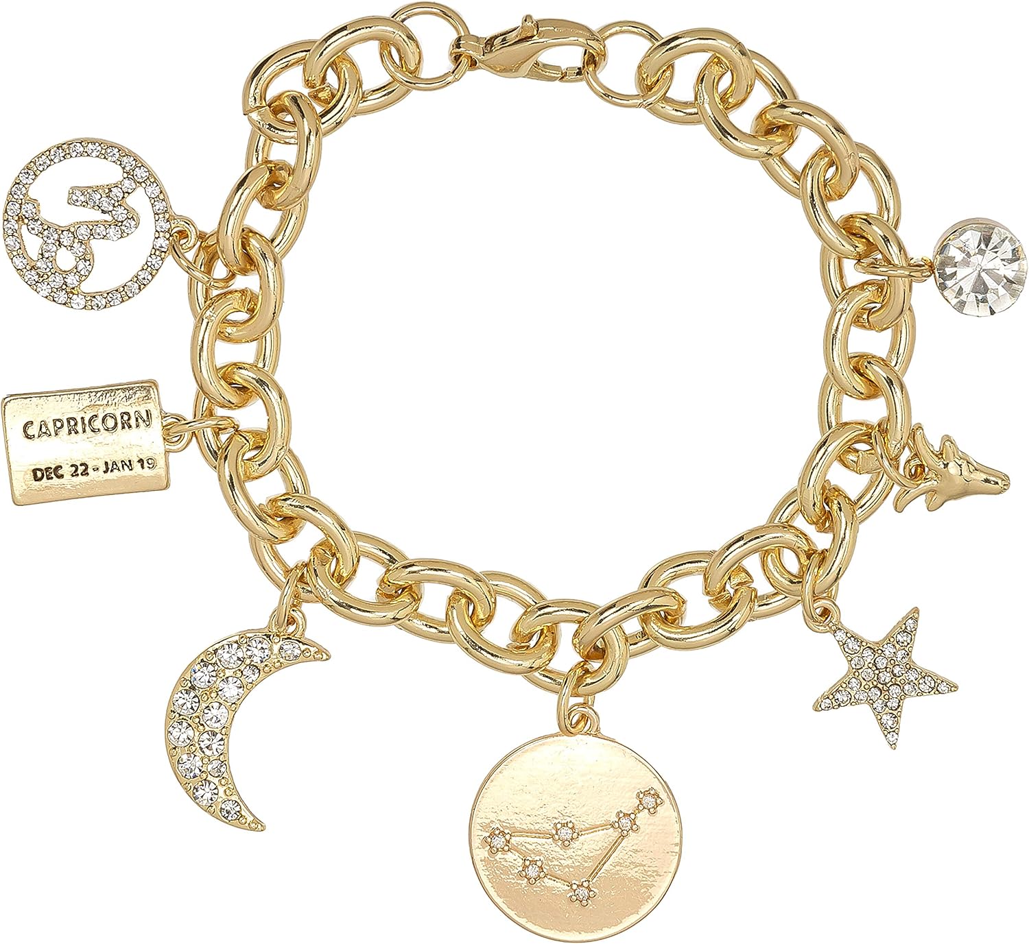 Madison Tyler Personalization Collection Gold Plated Zodiac Constellation Symbol, Name Plate, Moon, Constellation, Star, and Stone Charm Chain Bracelet for Women