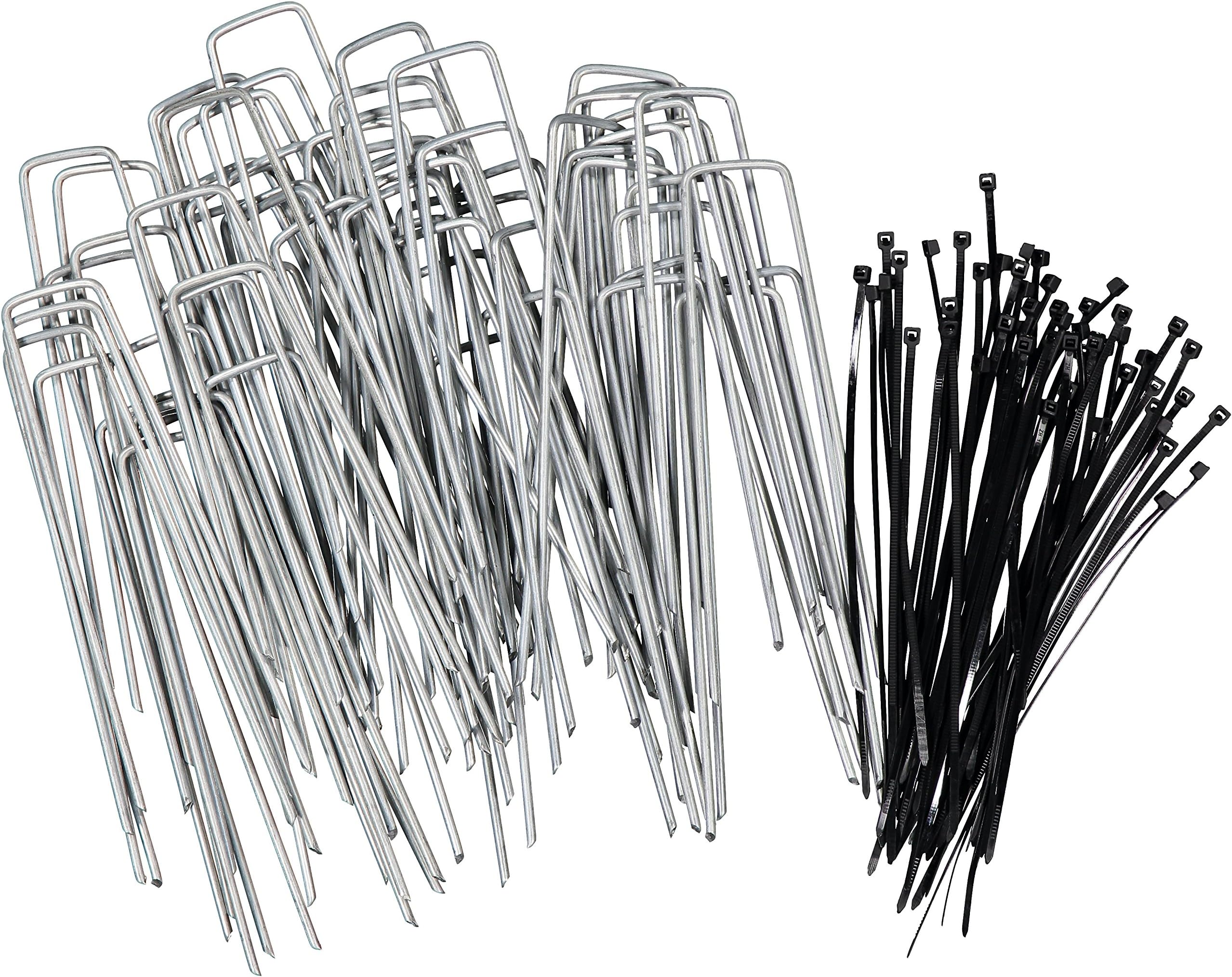 Stepton 100-Pack Galvanised Garden Pegs / Securing Lawn Staples / Pins / Weed Fabric Stakes 150mm/6-Inches 11-Gauge Comes with 50 Cable Ties