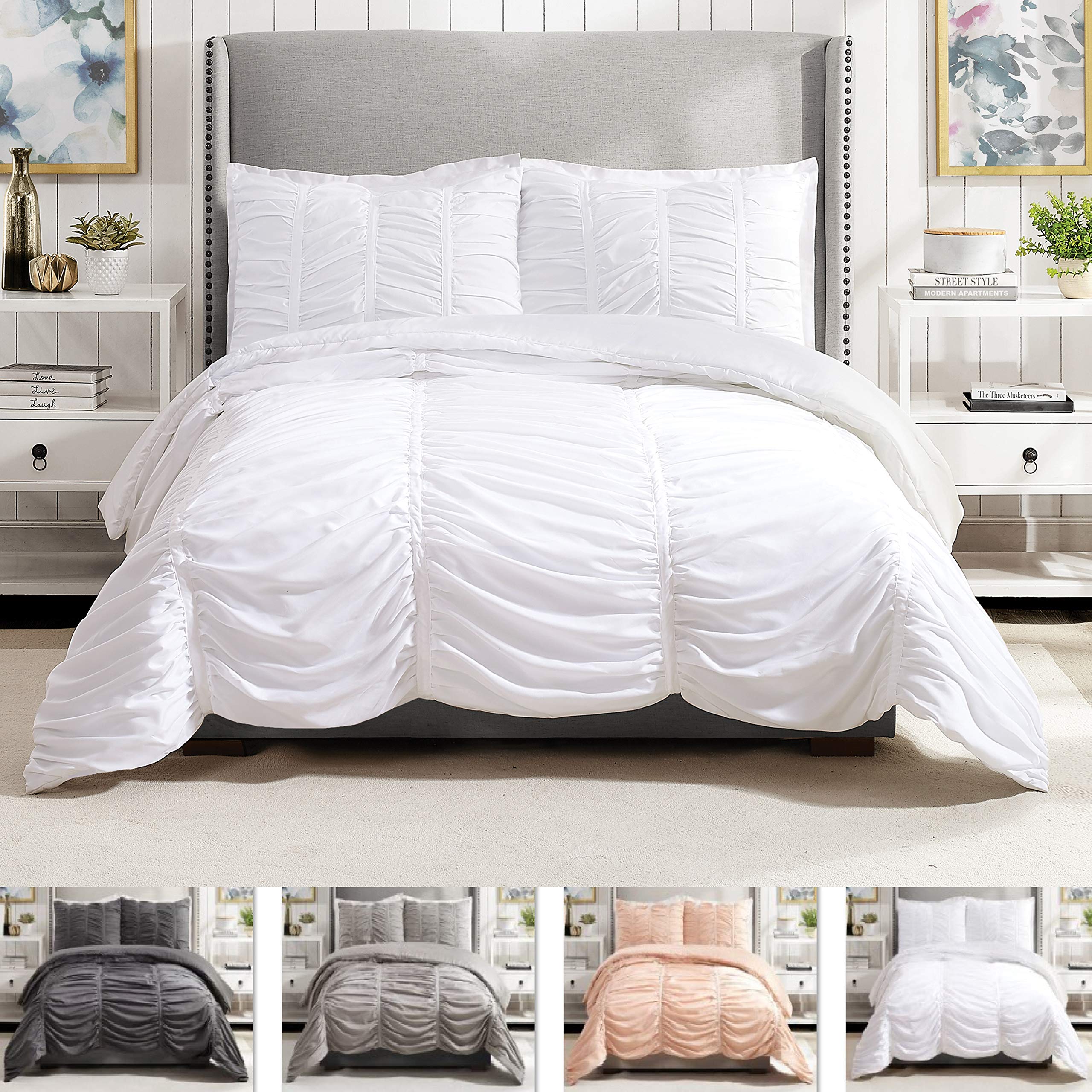 Emily Texture (White) 3-Piece Comforter Set, Ruched All Seasons Bedding, Machine Washable - Full Queen Size
