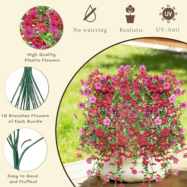 SENJIE 4 PCS ARTIFICIAL HANGING FLOWERS FOR OUTDOOR SPRING DECOR, UV RESISTANT FAKE SILK FAUX FLOWERS PLANTS FOR OUTSIDE PORCH PATIO BALCONY PLANTERS