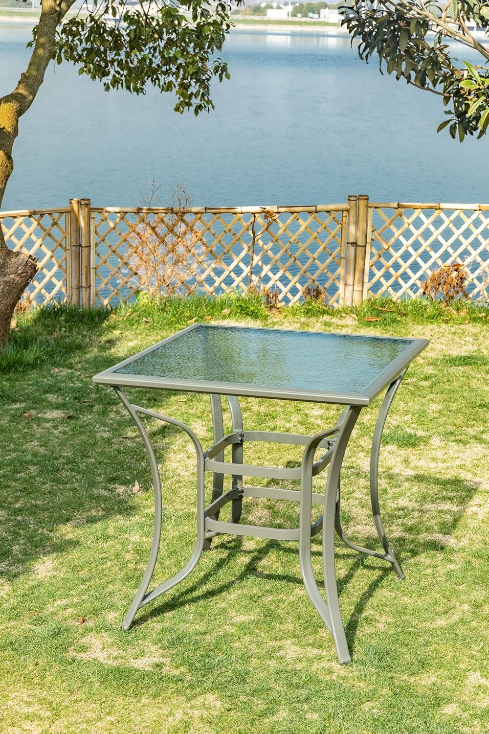 36" Outdoor Patio Dining Bistro Table Aluminum Square Bar Height Table Garden Backyard Furniture, Water Ripple Tempered Glass Top: Kitchen & Dining