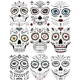 DaLin 9 Sheets Floral Day of the Dead Sugar Skull Temporary Face Tattoos for Halloween