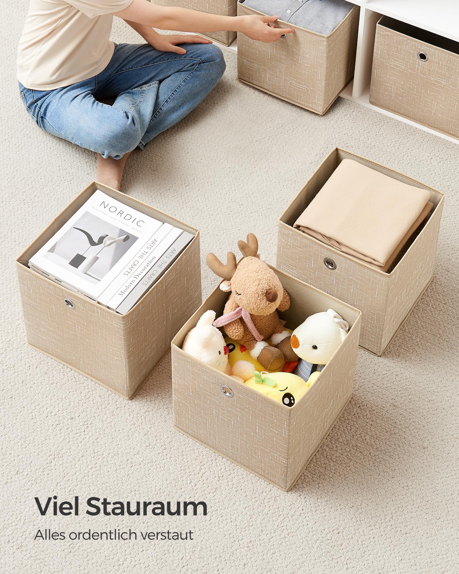 SONGMICS Aufbewahrungsbox, 6er Set, Ordnungsboxen aus Vliesstoff mit Griff, Boxen Aufbewahrung, 30 x 30 x 30 cm, Organizer Box, für Würfelregal, Faltbox, Kleideraufbewahrung, sandbeige RFB006K03 4