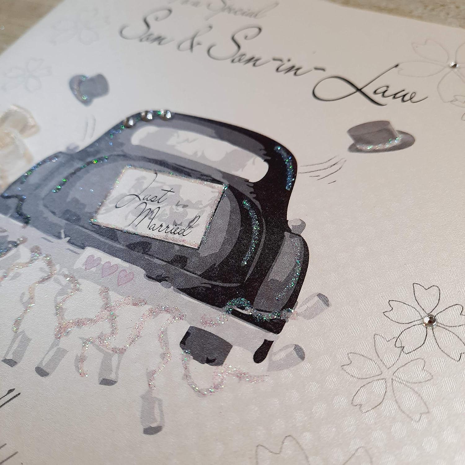 white cotton cards Son and Son-in-Law Handmade Wedding Card with Civil Partnership Car, 16cm x 16cm - Image 3