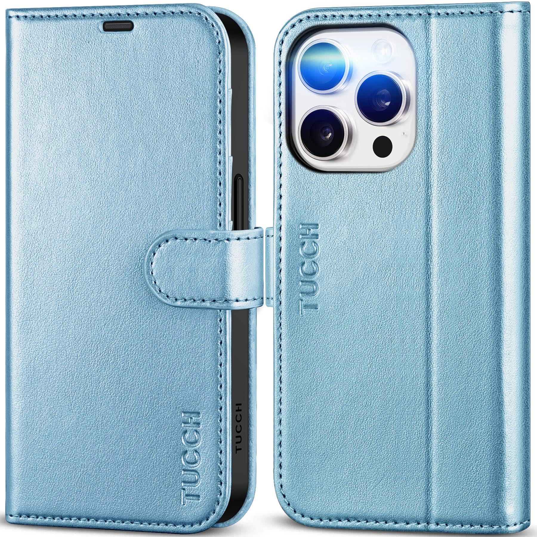 TUCCH PU Leather Case for iPhone 15 Pro (6.1") 2023, Magnetic Wallet Folio Foldable Cover with[Kickstand][Shockproof TPU][RFID Blocking] Card Holder Compatible with iPhone 15 Pro 5G, Shiny Light Blue