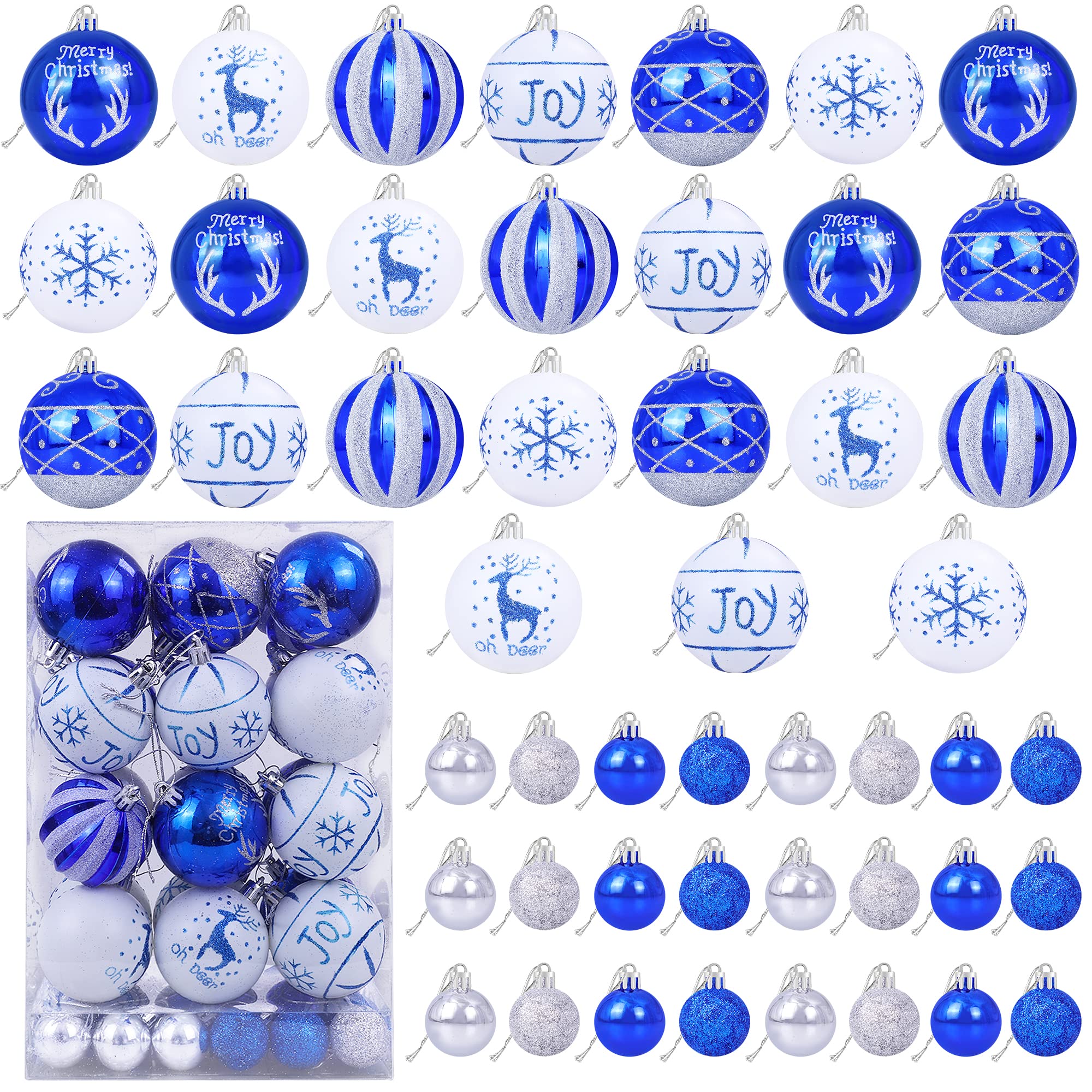 48PCS Royal Blue & Silver Christmas Ball Ornaments for Tree/Jewish Hanukkah Decorations - 10 Styles Baubles - Shatterproof Hanging Ball Ornaments