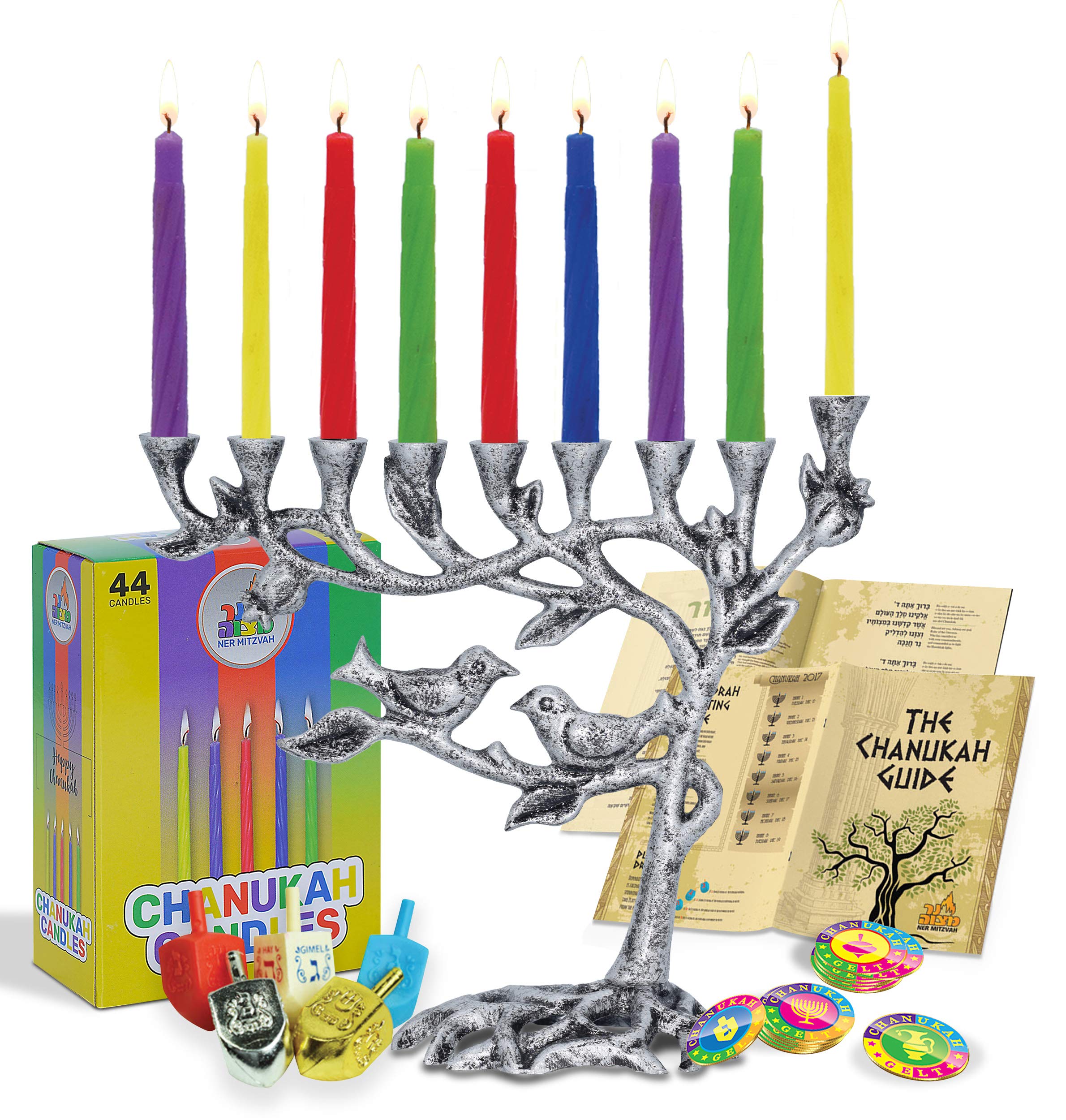 Ner MitzvahTree of Life Menorah Set for Hanukkah - Antiqued Candle Menora Complete Set - Menorah, Candles, Dreidels, Play Coins, Chanukkah Guide