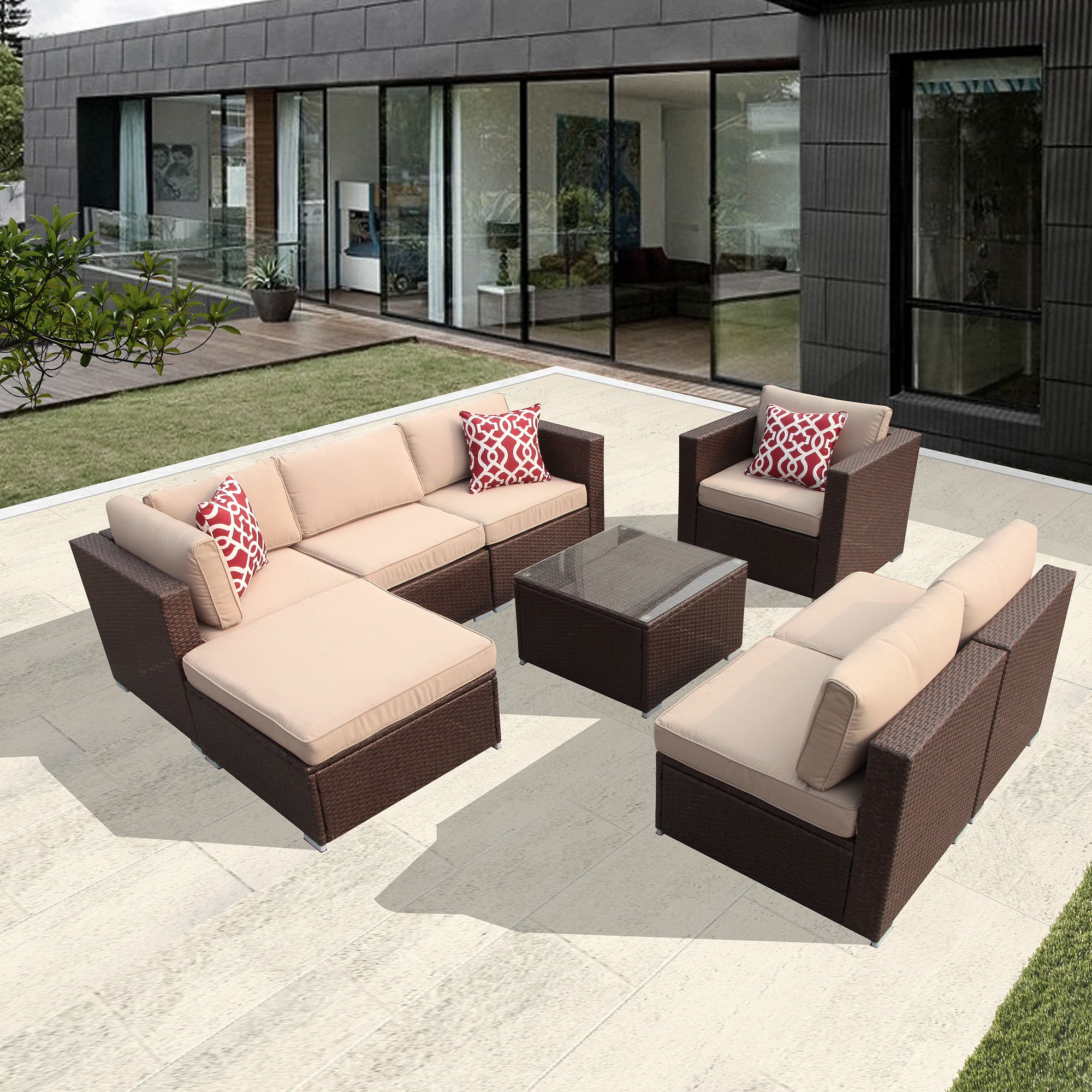Super Patio 8 Piece Outdoor Furniture Sets Outdoor Rattan Sectional Furniture Set Beige Velcro Cushions Brown Pe Wicker Lavorist