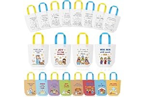 FMUIMSHOUWO Christmas Coloring Goodie Bags for Kids - 24Pcs Nativity Bulk Color Your Own Gift Bags with Handle Religious Theme Reusable Non Woven Coloring Tote Packet for DIY Painting Crafts Holiday Party Favors