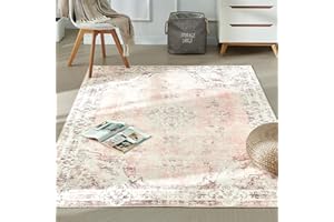BRICHOEE Vintage Machine Washable Area Rug 5x7 Light Pink/Multi Low-Pile Indoor Floral Print Carpet Non Slip Printed Persian Boho Rug for Living Room