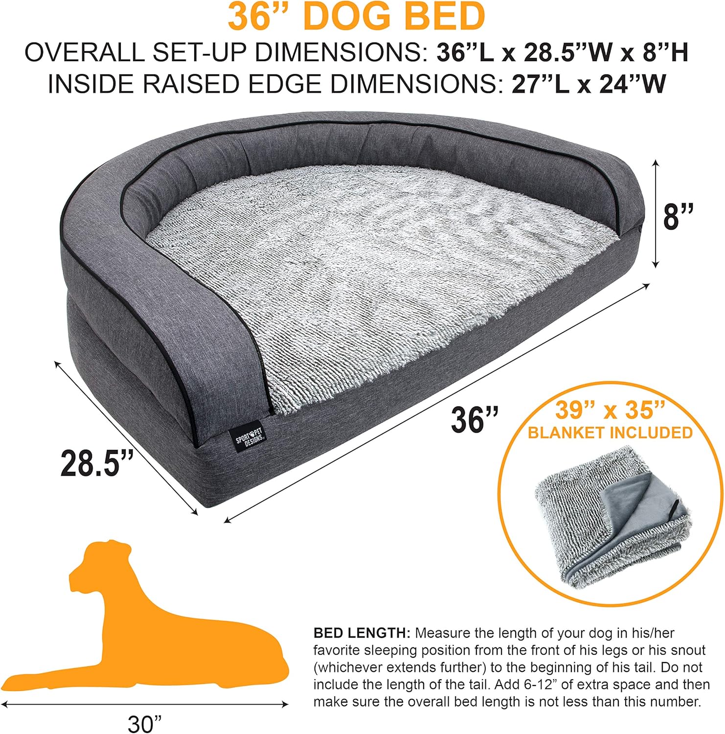 SportPet Designs Luxury Sofa Lounge Pet Bed, Blanket Reversible, Water-Resistant Liner, Top Memory Foam - Large, Gray (CM-10055-CS01) : Pet Supplies