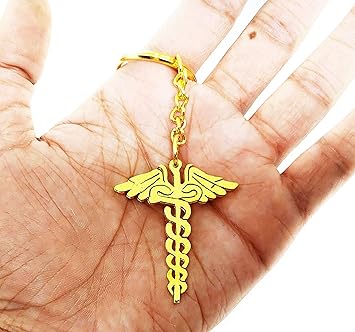 Crownlit Golden Polish Metal Keychain for Doctors (Caduceus)