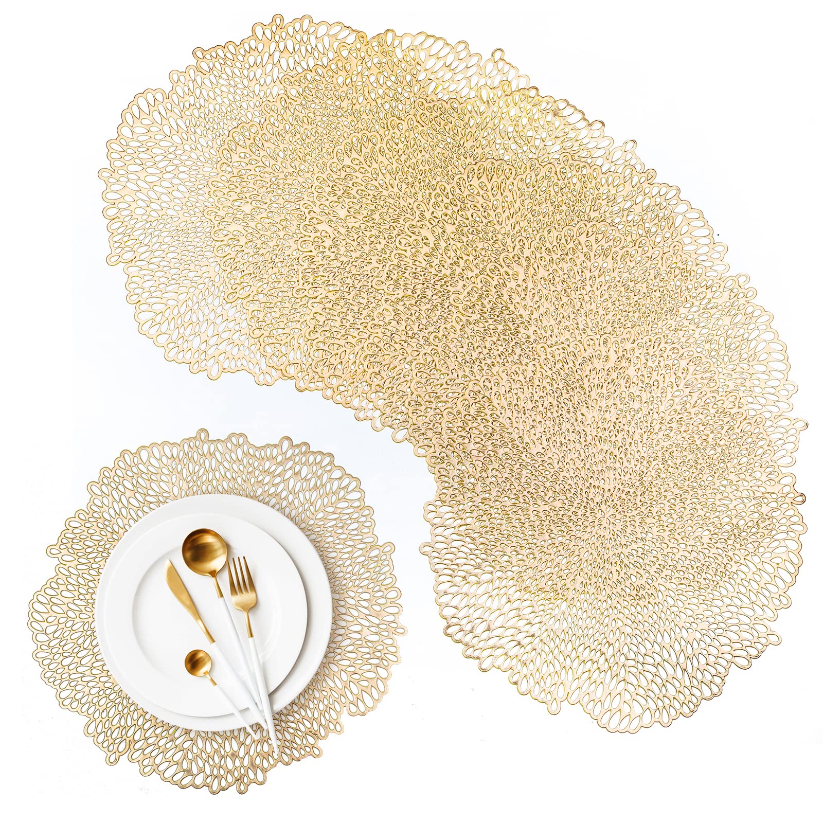 Round Gold Placemats Sets of 6 PVC Table Mats Set Gold Washable Heat Resistant Vinyl Table Mats 38x38cm for Kitchen — image 1