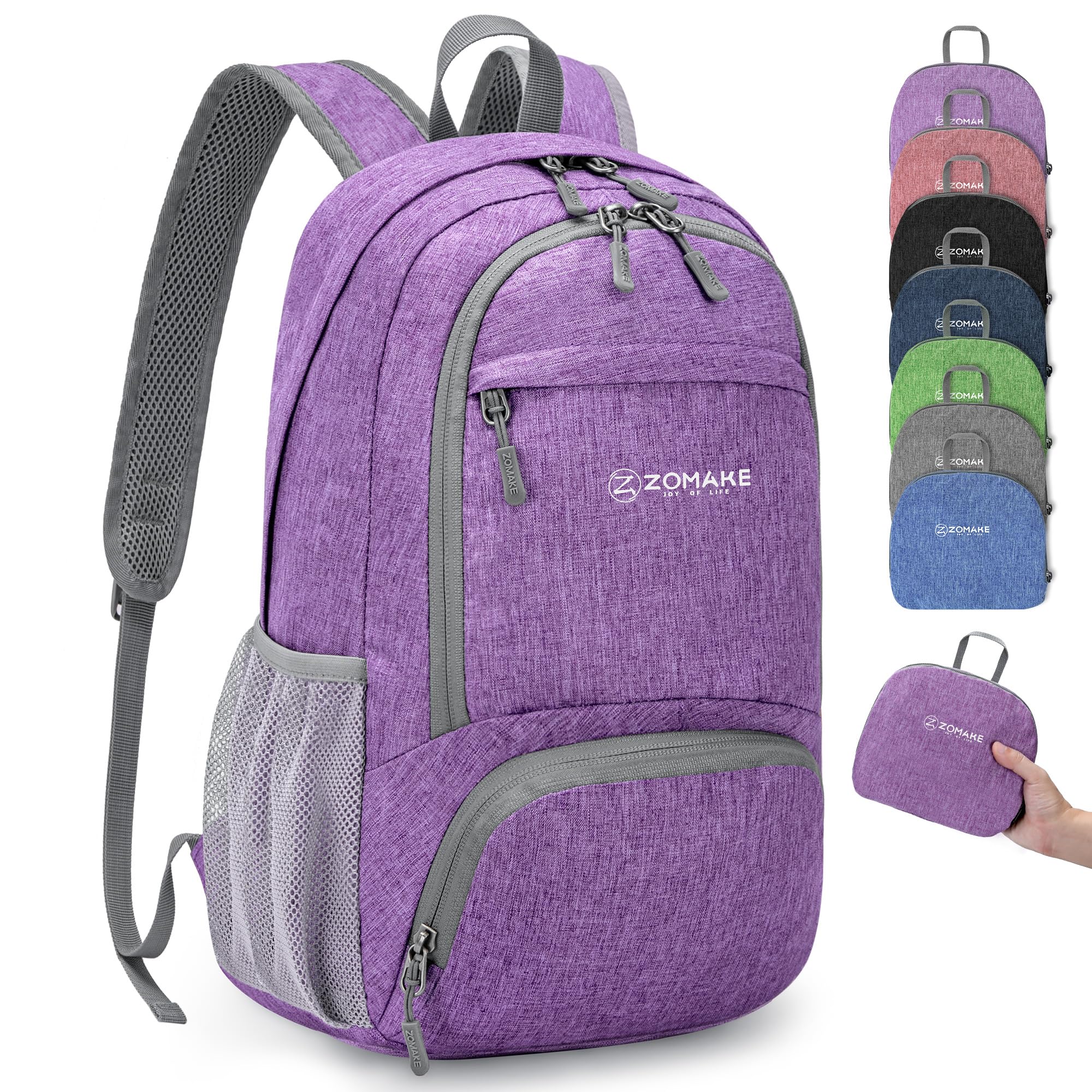 ZOMAKE Lightweight Foldable Backpack, Packable Rucksack Folding Small Back Pack 20L Foldaway Ultralight Daypack Collapsible for Women Men Travel Hiking Walking (Purple)