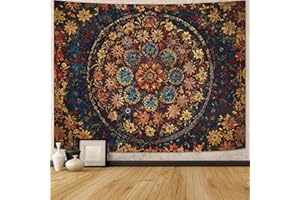 Fowocu Boho Floral Mandala Tapestry Wall Hanging Vintage Bohemian Flower Medallion Tapestry Aesthetic Orange Stained Glass Hippie Small Tapestries for Bedroom Living Room Dorm Decor 40 x 30 Inch