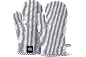 Encasa XO Long 12"x7" Oven Microwave Hand Gloves Mitts (2 pc Set) for Kitchen Cooking & Baking - Heat Resistant, Thick & Safe, Protection of Hands from Hot Utensils - Ticking Navy Blue