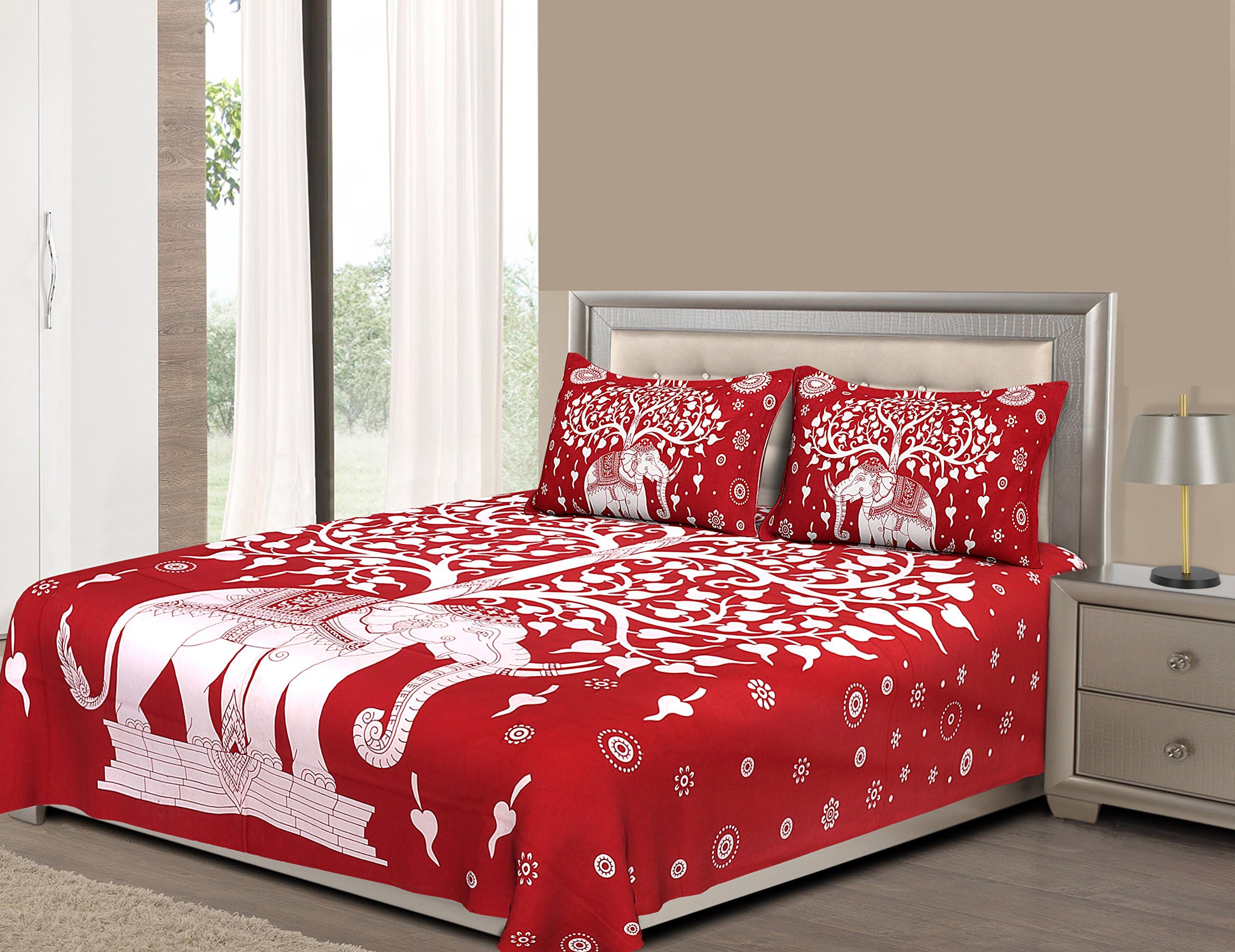 Metro Living Indian Jaipuri Animal Printed Cotton Bedsheet Set of 1 Bedsheet & 2 Pillow Cover. (Red)
