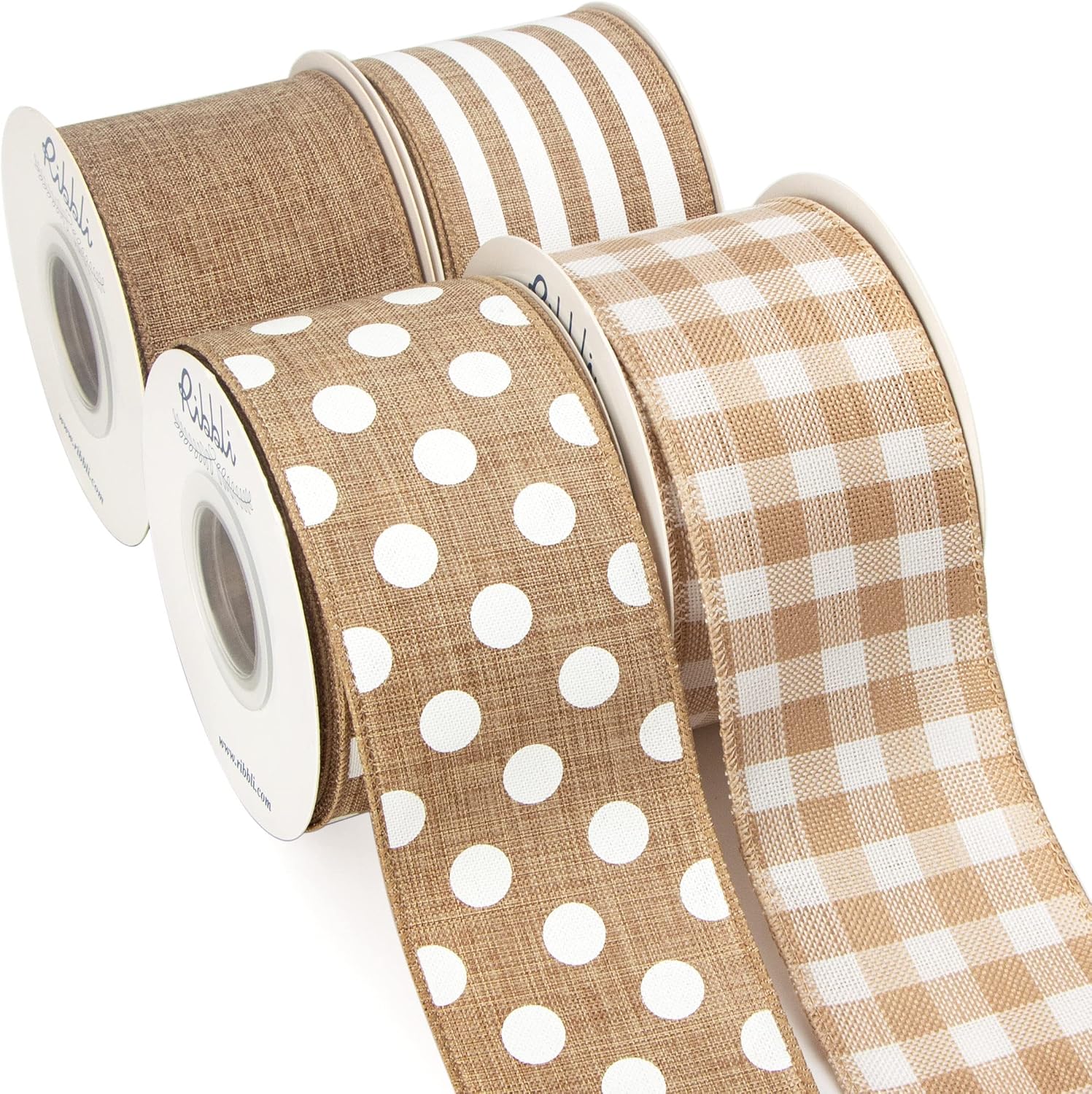 Bows & Ribbons - Ribbli 4 Rolls Beige and White Wired Ribbon,Check/Stripe/Polka Dot/Solid Burlap Ribbon, 2-1/2 Inch Total 40 Yard,Farmhouse Ribbon for Wreath,Christmas Tree Decoration,Outdoor Decoration