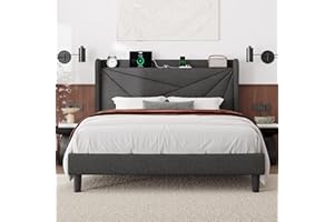Feonase Queen Size Bed Frame with Charging Station, Linen Upholstered Platform Bed Frame with Wingback Storage Headboard, Solid Wood Slats Support, No Box Spring Needed, Noise Free, Charcoal Gray