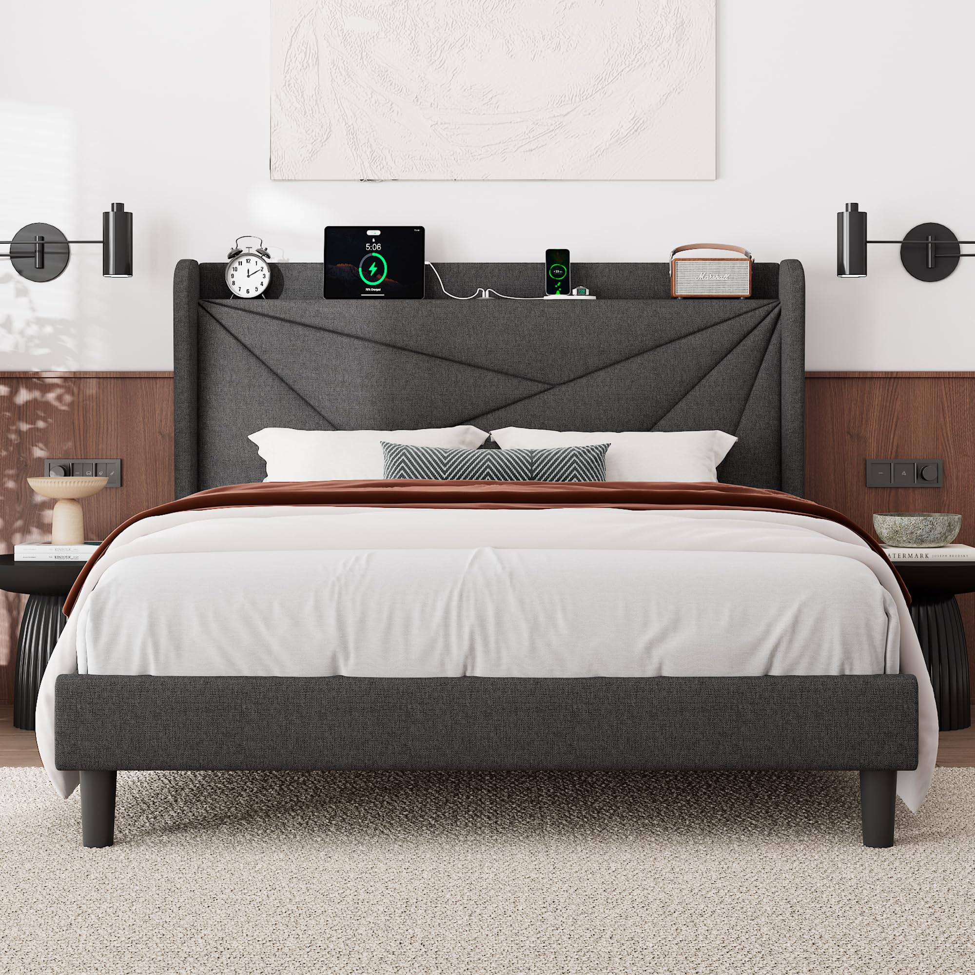 Feonase Queen Bed Frame with Charging Station, Linen Upholstered Platform Bedframe with Wingback Headboard, Solid Wood Slats Support, Noise Free, No Box Spring Needed, Charcoal Grey Image