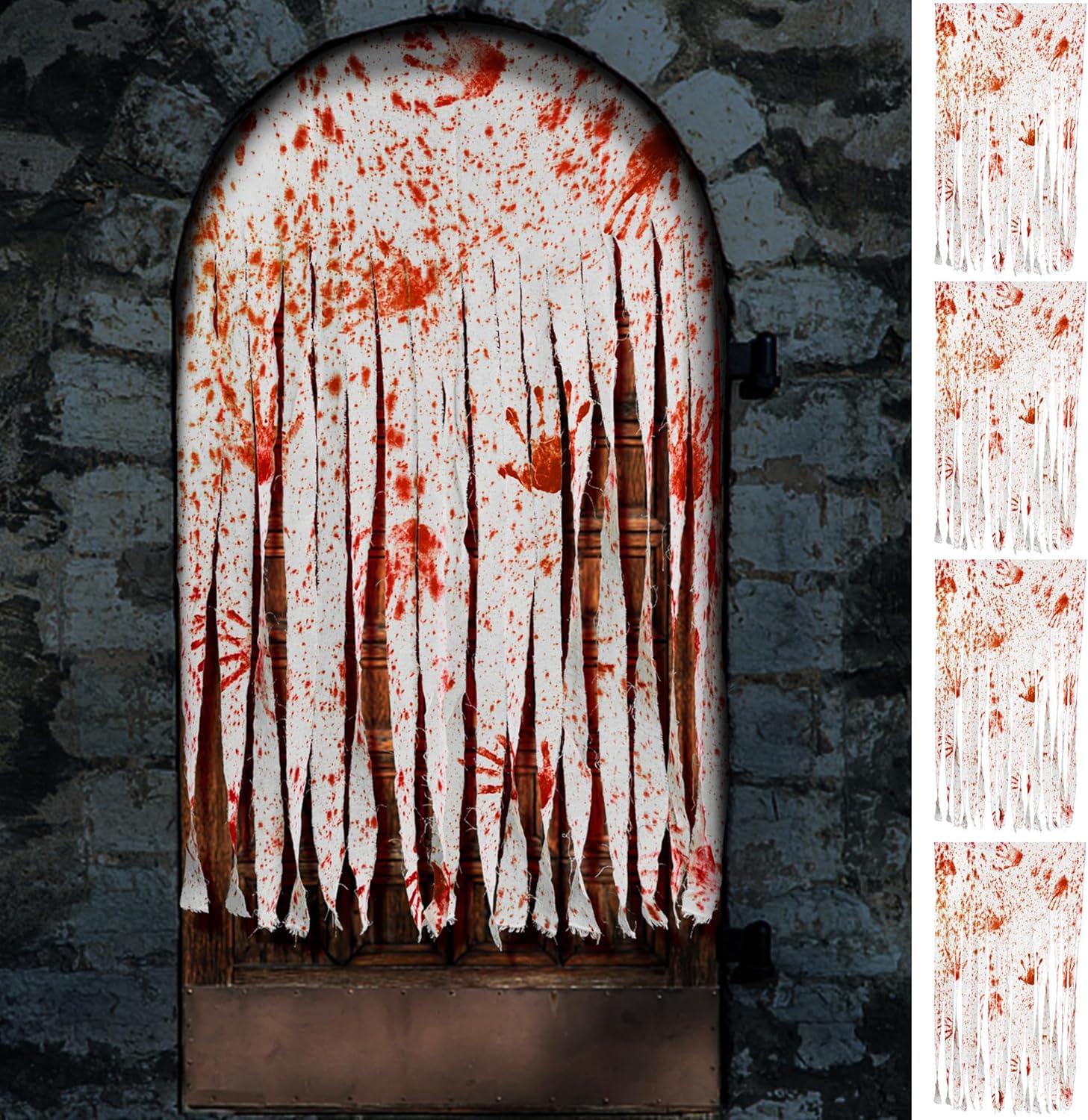 Outdoor Curtains - Watayo 4 Pcs Halloween Door Curtain Decorations - 65 x 39 Inch Bloody Handprint Doorway Curtain - Scary Creepy Curtain Cloth for Halloween Party Haunted House Decoration