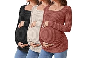 Ficerd 3 Pack Women's Maternity Tops, Long Sleeve Pregnancy Sweaters Scoop Neck Ribbed Knit Casual Pregnant Tee Shirts