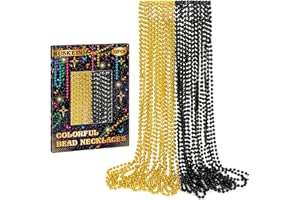 HUSKEIN 12 PCS Mardi Gras Beads Bulk, New Year Beaded Necklaces, 33" BlackGold Beads Graduation Beaded Stuff Set, Carnival Round Costume Necklace for New Years Eve Parade Throws Party Favors Decorations